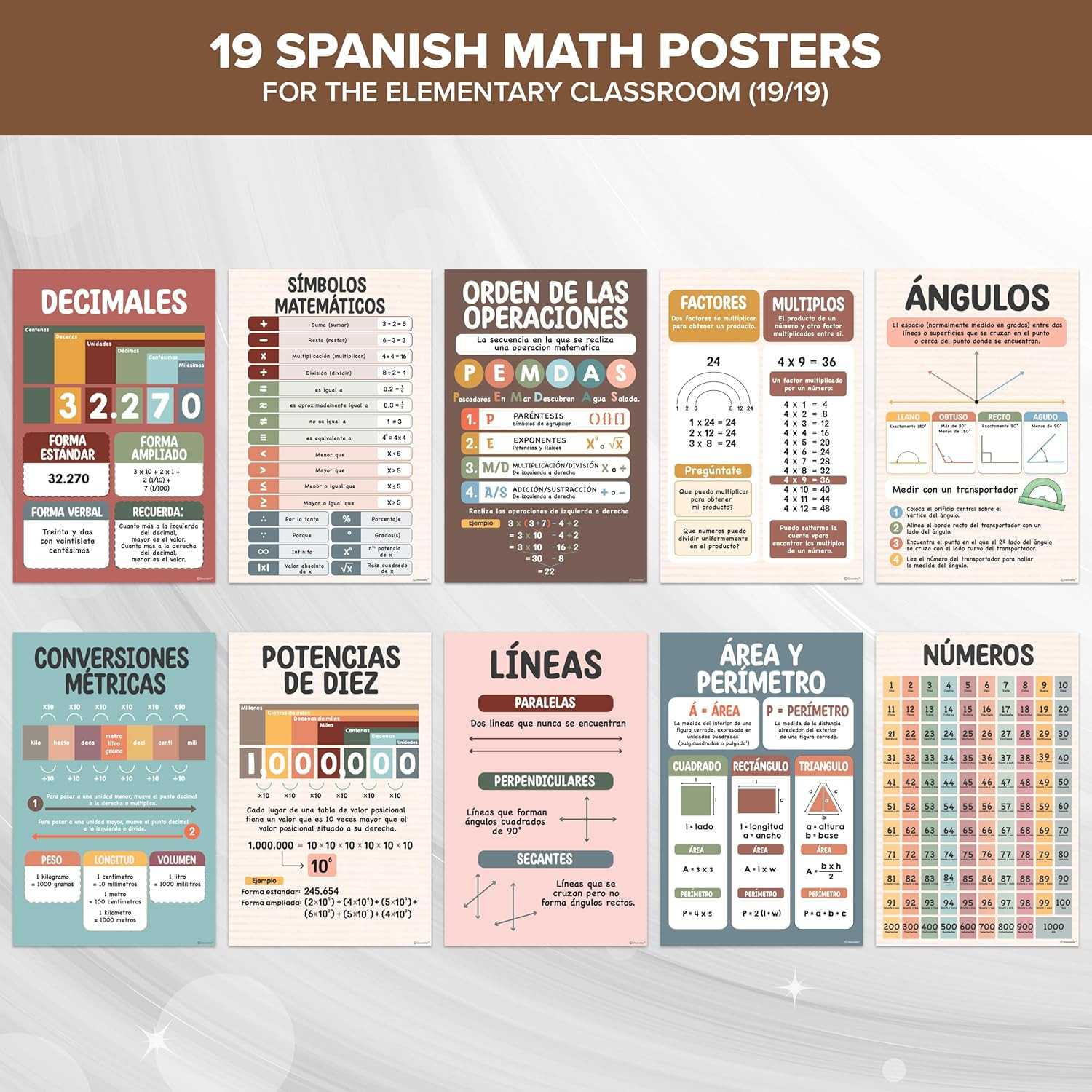 19 Boho Math Spanish Classroom Posters, 11X17In Educational Matte-Laminated for