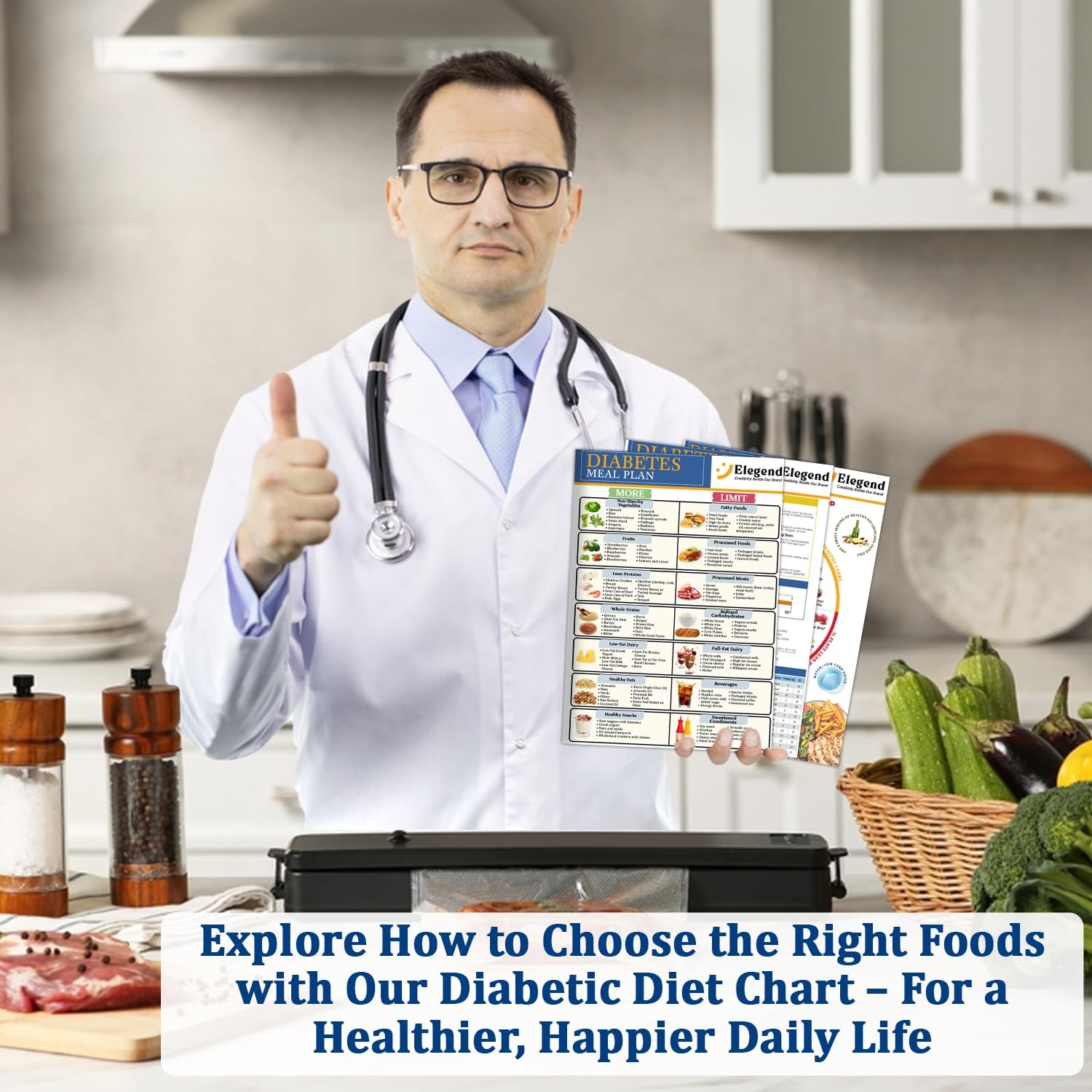 Elegend 3pcs Diabetes Food List Chart & Meal Planner 8.3 x 11.7 inches, White