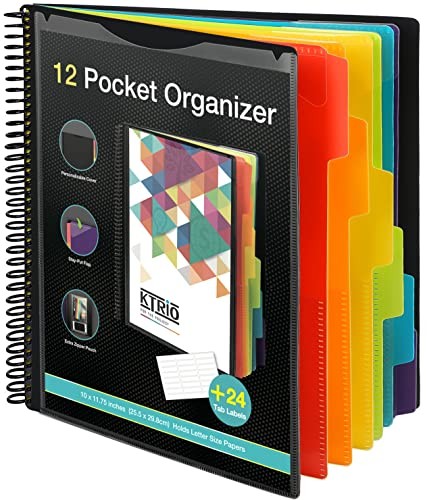 12 Pocket Poly Project Organizer, Spiral Binder 12 Pockets Rectangular Tab