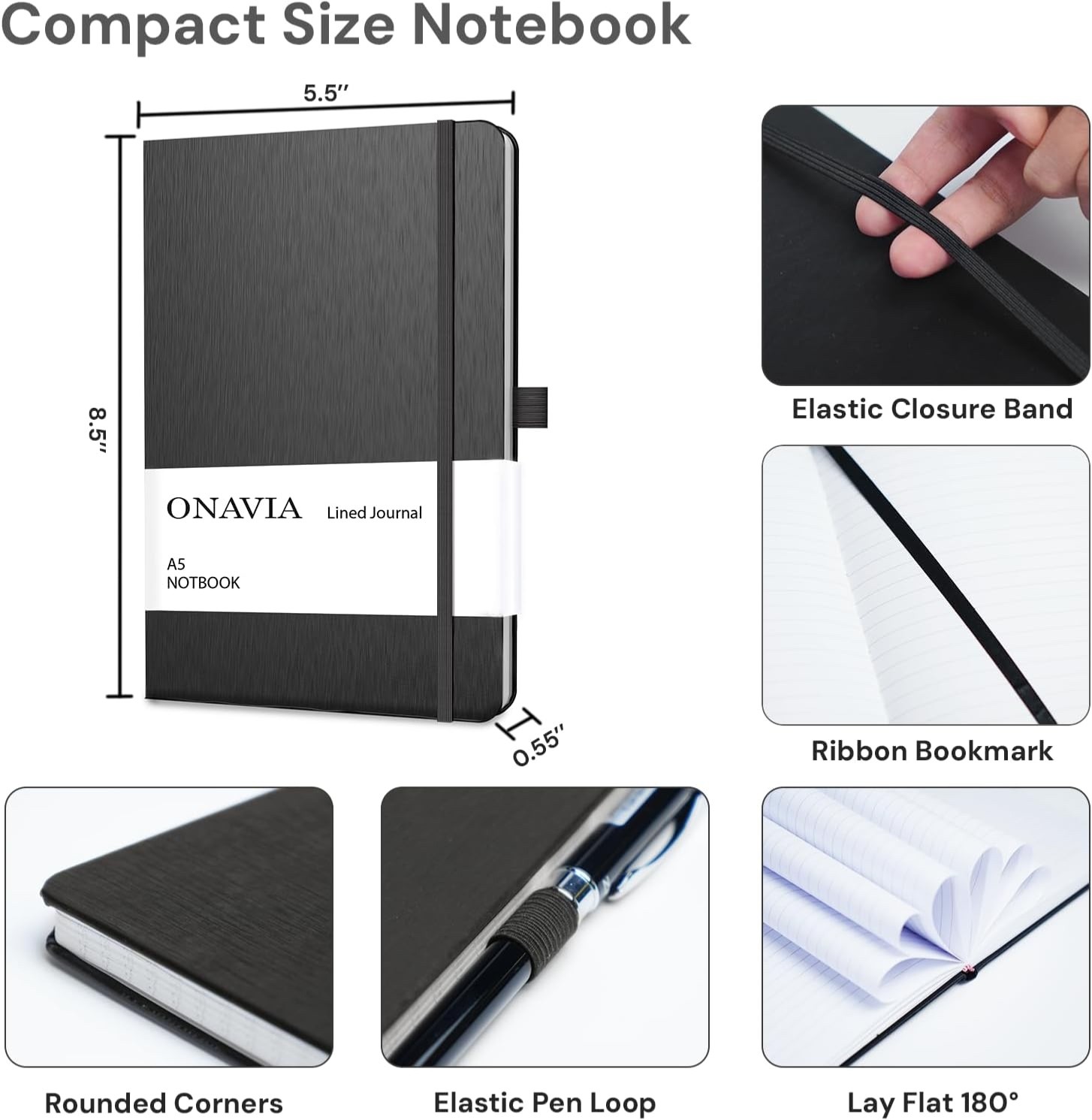ONAVIA A5 Hardcover Notebook 6 Pack, 160 Pages (80 Sheets), Black