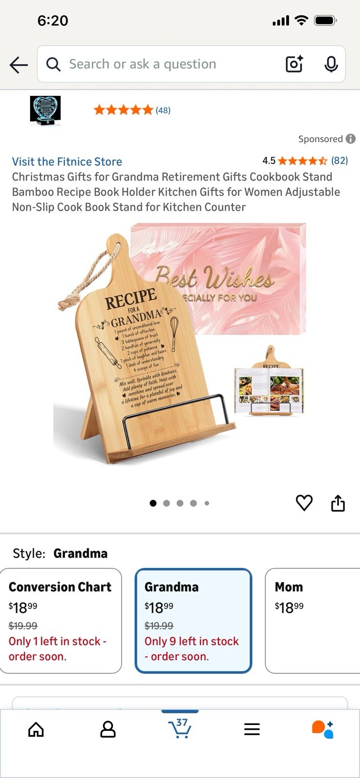 Grandma Gifts Cookbook Stand Bamboo Recipe Book Holder Kitchen Counter Non Slip