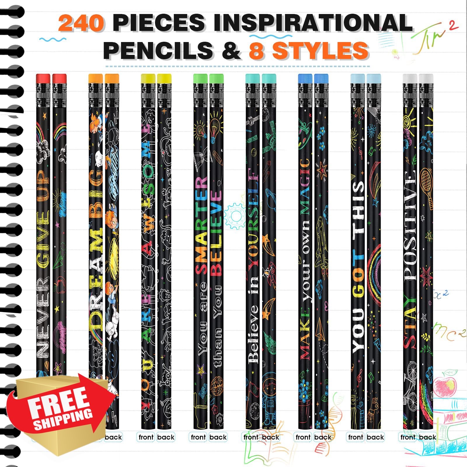 Pasimy 240 Bulk Inspirational Pencils Motivational Positive Sayings with Eraser
