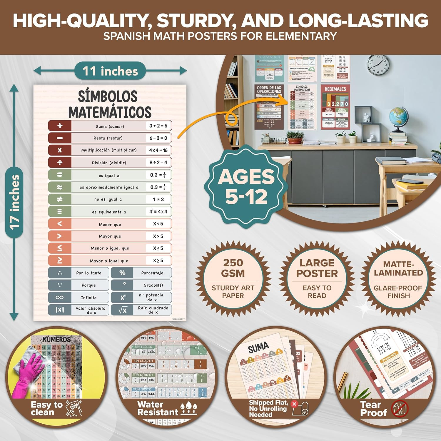 19 Boho Math Spanish Classroom Posters, 11X17In Educational Matte-Laminated for