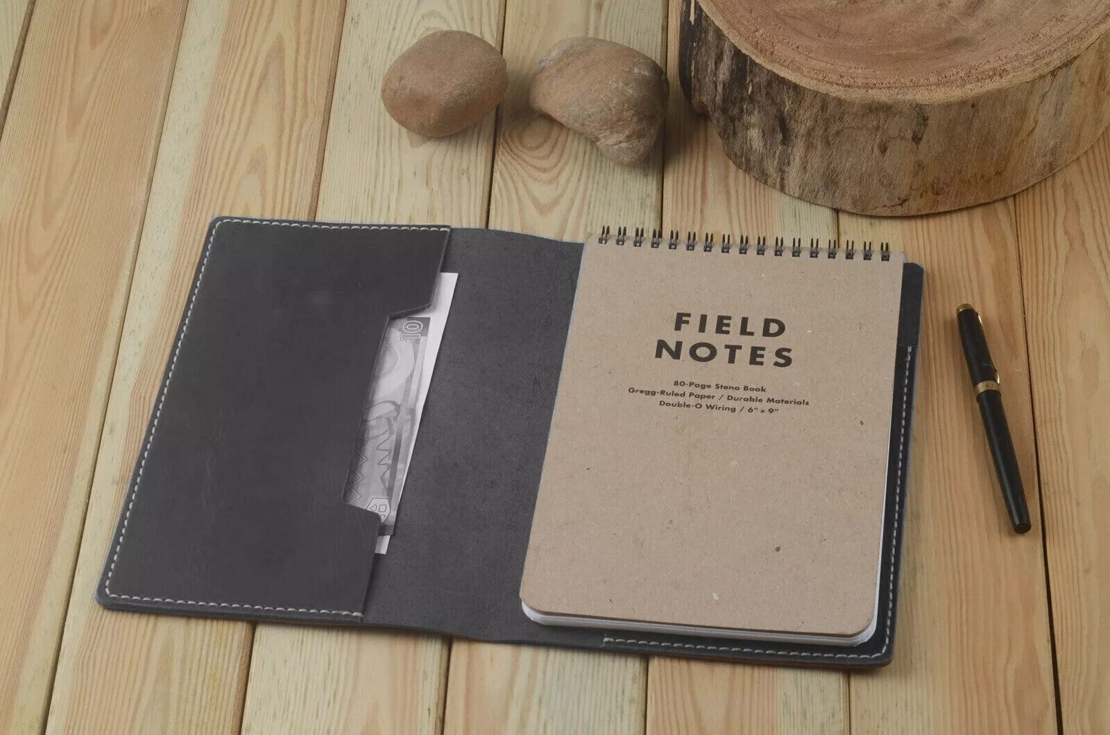 Leather Field Notes Cover Book Holder Refillable Black Gift Portfolio Case 6×9