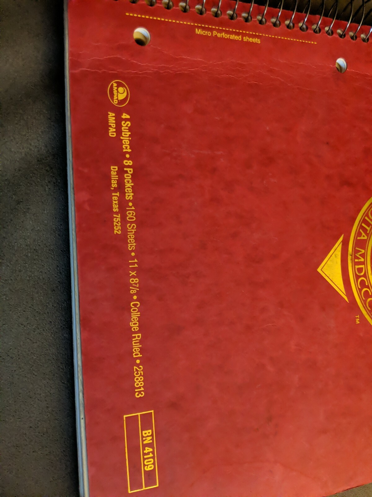 Boston University Ampad 4 Subject 11″ x 8 7/8″College Ruled Notebook,Red