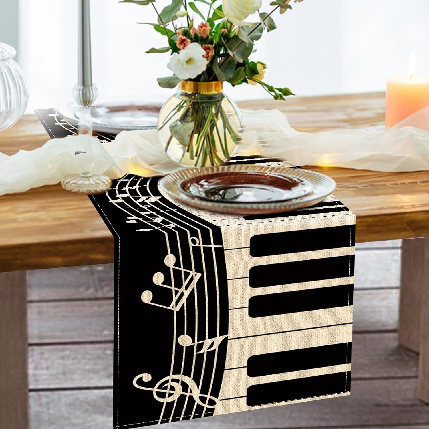 Piano Keyboard Dining Table Runner, Musical Notes Staff Burlap Kitchen Decoratio