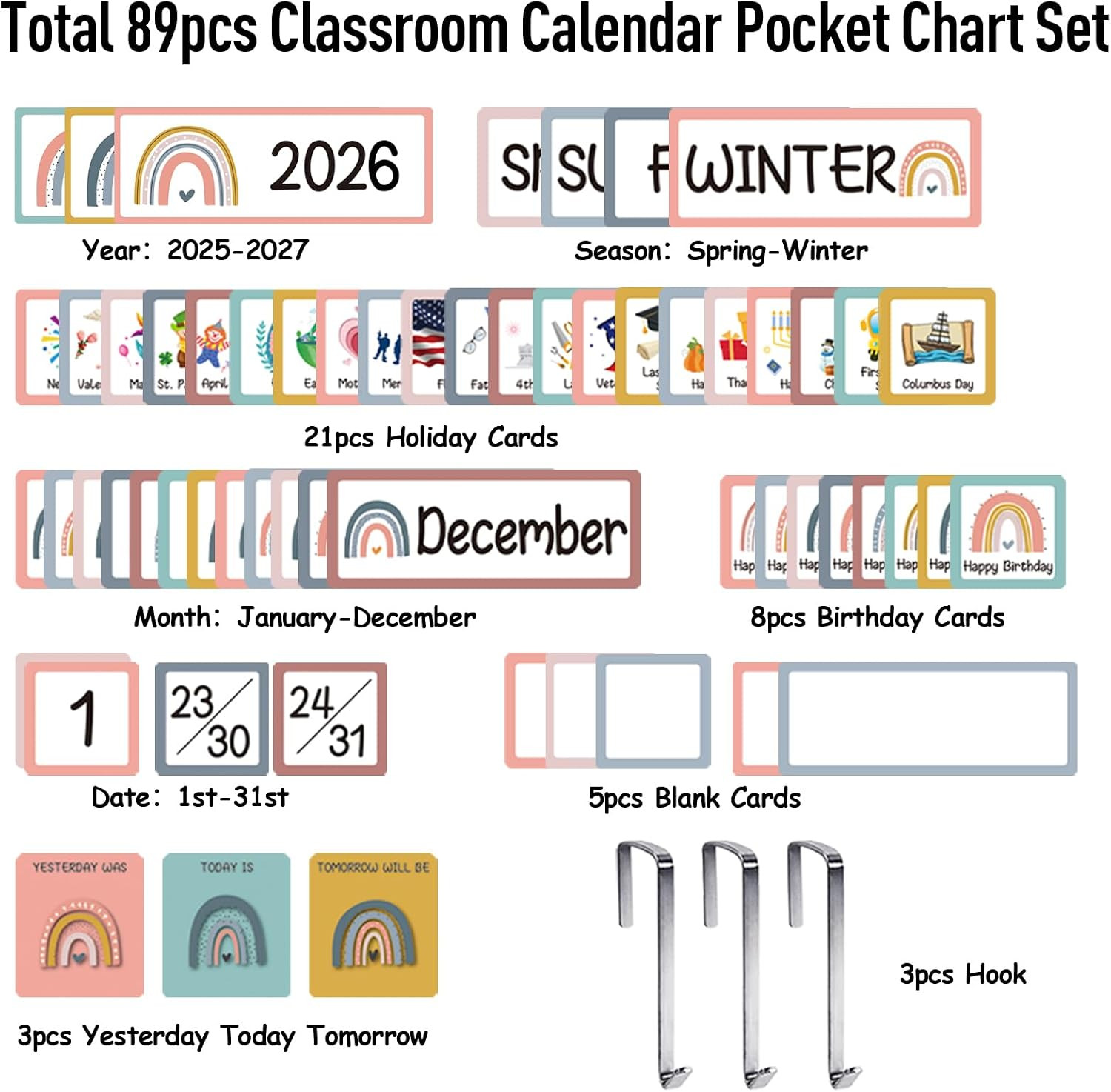 Black Classroom Calendar Pocket Chart with 89 Cards for Students Kids Large Clas