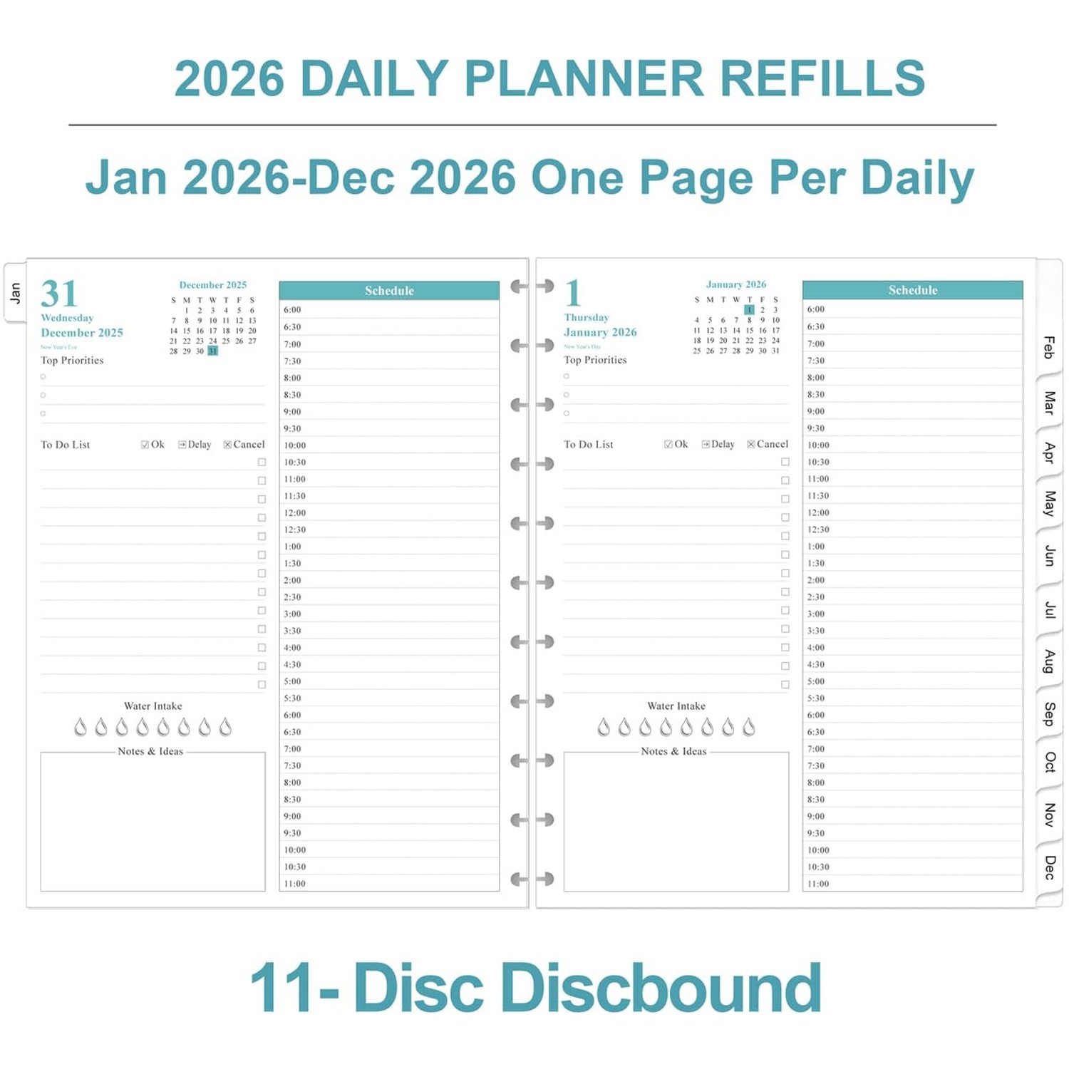 2026 Planner Refills, 11-Disc Discbound One Page Per Day, Daily ＆ Monthly