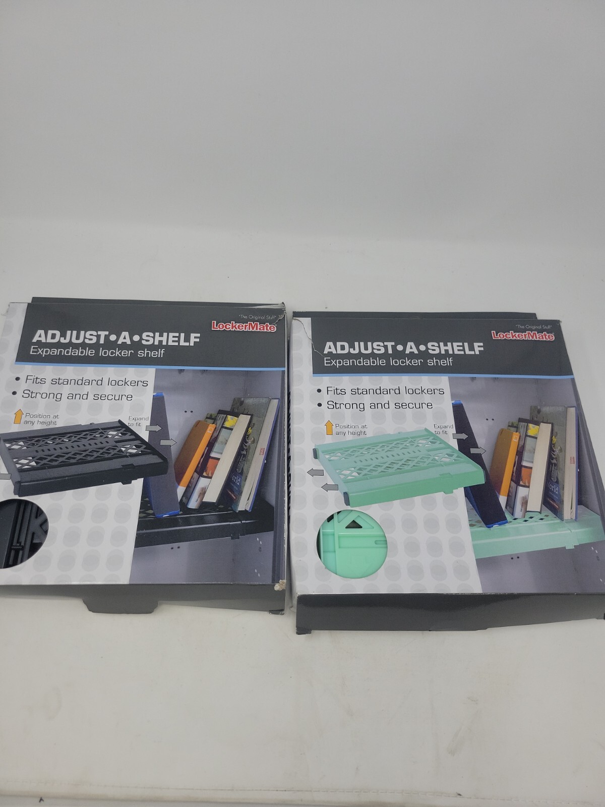 (2) LockerMate Adjust-A-Shelf Locker Shelf, Black and Seafoam set of 2