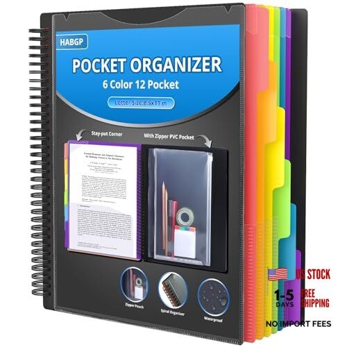 12 Pocket Plastic folders with Pockets, 6 Colors Multi Pocket 12 Pockets Black