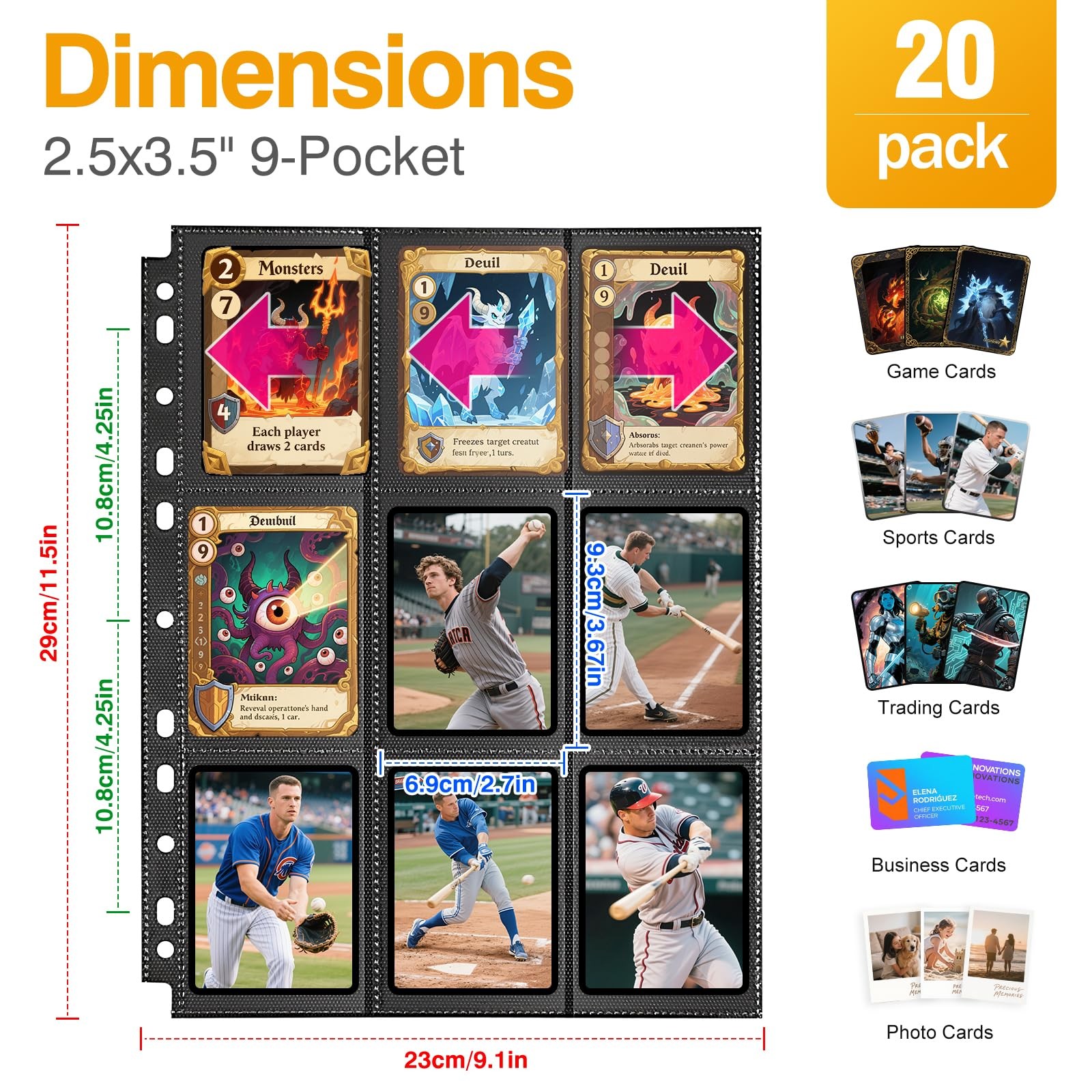 20 Pack 360 Pockets Black Trading Card Sleeves Binder Sheets, Black-20