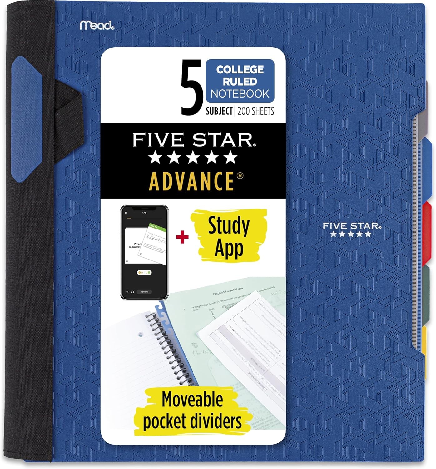 Five Star Advance Spiral Notebook 5 Subject College Ruled Paper 200 Sheets Black