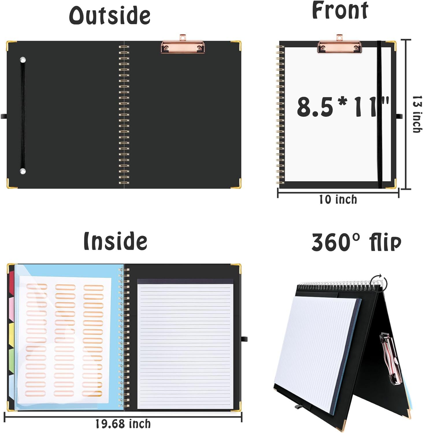 Clipboard Folio with Refillable Lined Notepad for Letter Size 11″ x 8.5″ 5 Di…