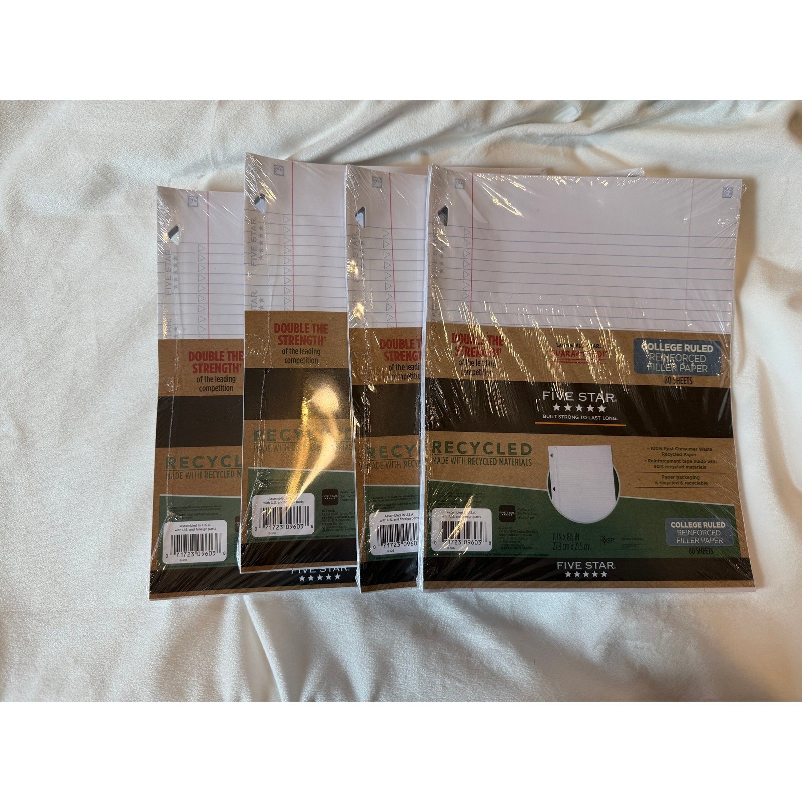 Five Star 4 Pack Reinforced Filler Paper College Ruled Recycled 80 Sheets 11×8.5