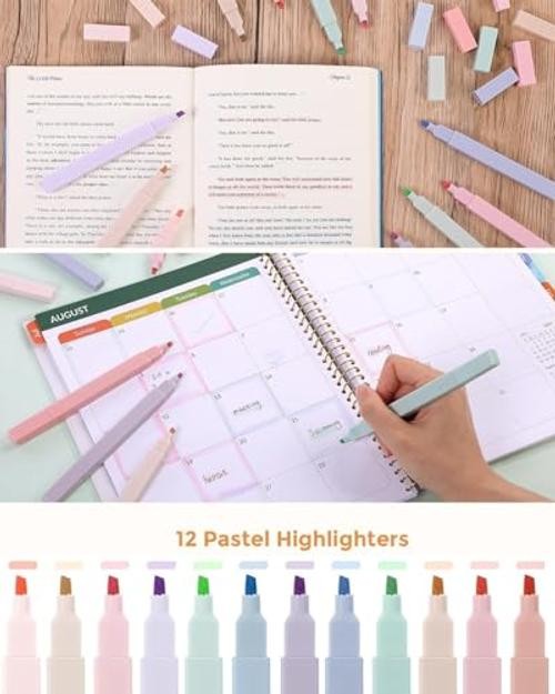 Cute School Supplies 38 PCS, Pencil Case with 12 Pastel Highlighters, 5 Black