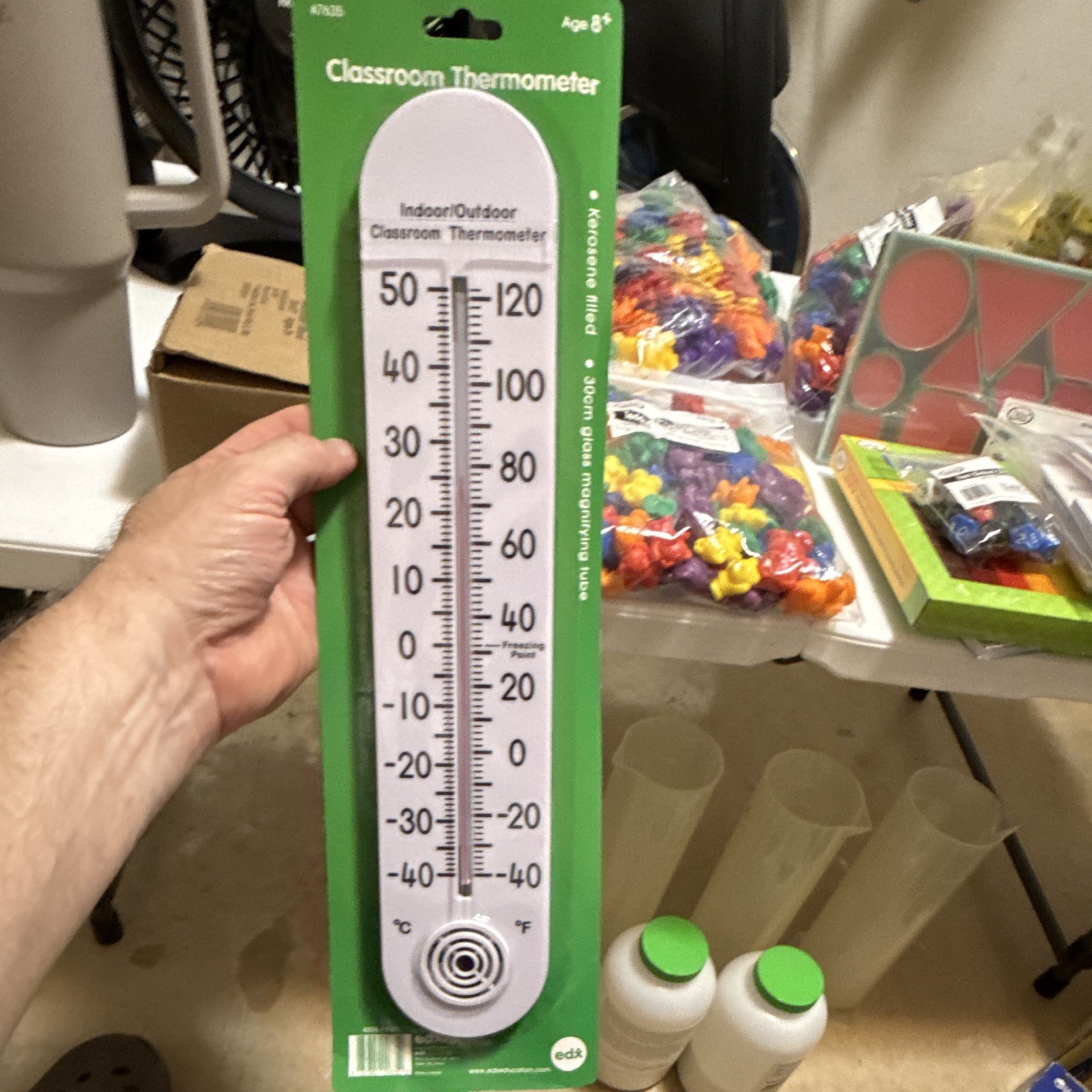 edx #7035 Classroom Thermometer Indoor/Outdoor Green White Classroom Theme