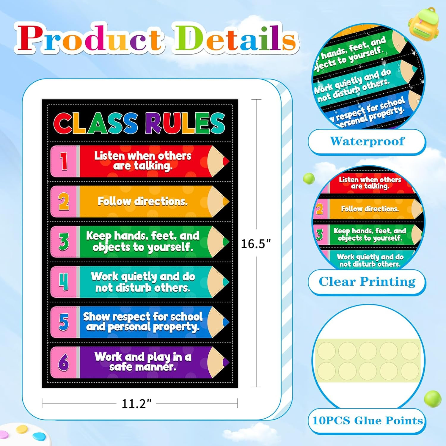 Classroom Rules Poster – 11.2”X16.5” Colorful Classroom Educational Poster Tea