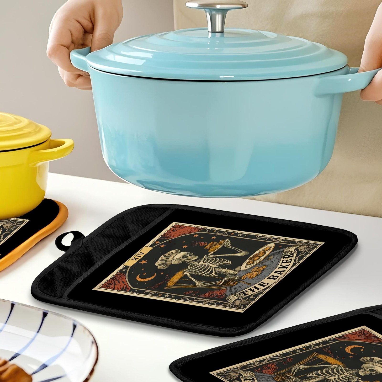 Gothic Witchy Skeleton Baker Pot Holders for Kitchen, Gifts for Baking Lovers…