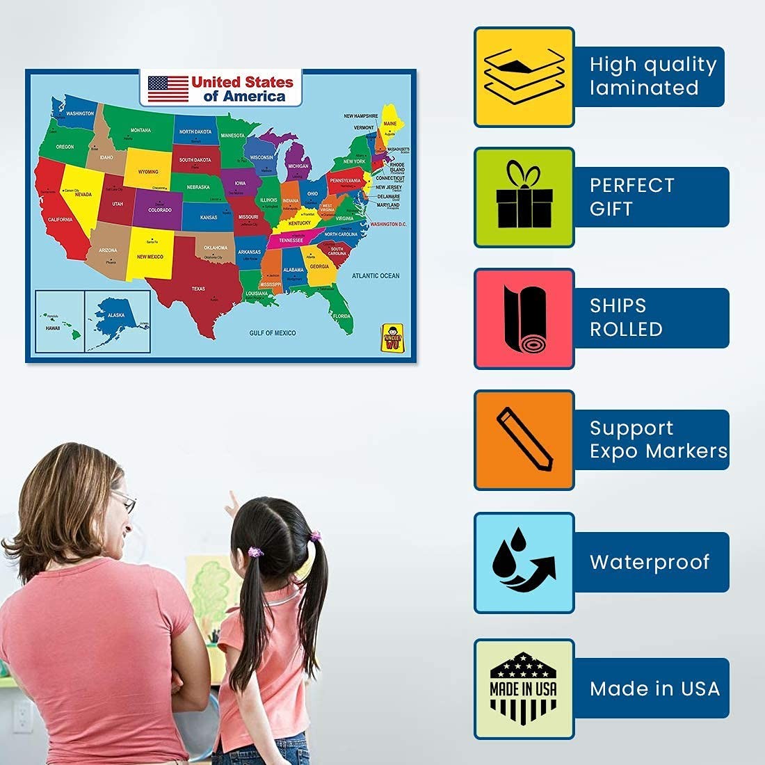 United State Map Laminated Poster -Double Side Educational Poster For Kids/Adult