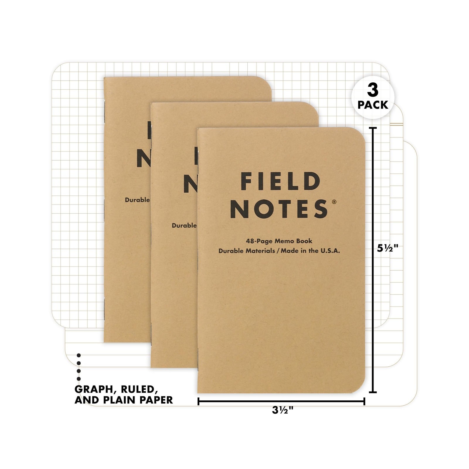 Field Notes: Original Kraft 3-Pack – Mixed Paper (1 Graph/Grid, 1 Ruled/Lined…