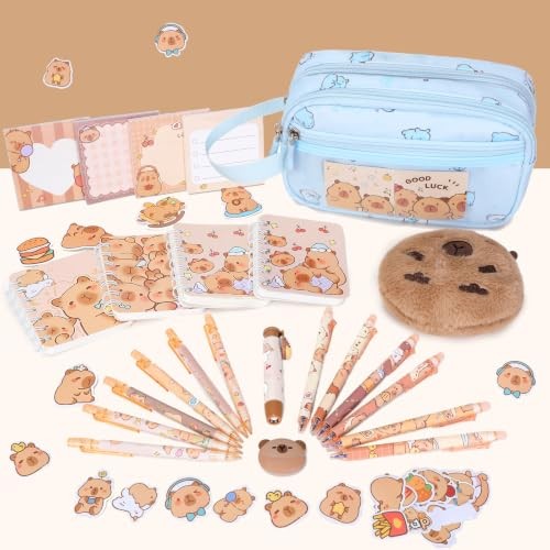 Capybara Theme Backpack for School Girls, Backpack with Stationery Set Blue
