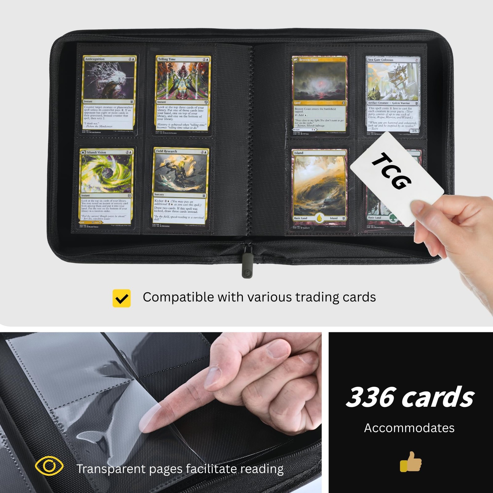 336 Card Binder, 4-Pocket Zipper Binder for Trading Cards, Side Loading Water…
