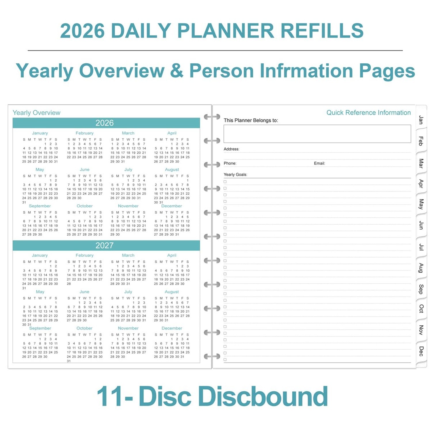 2026 Planner Refills, 11-Disc Discbound One Page Per Day, Daily ＆ Monthly