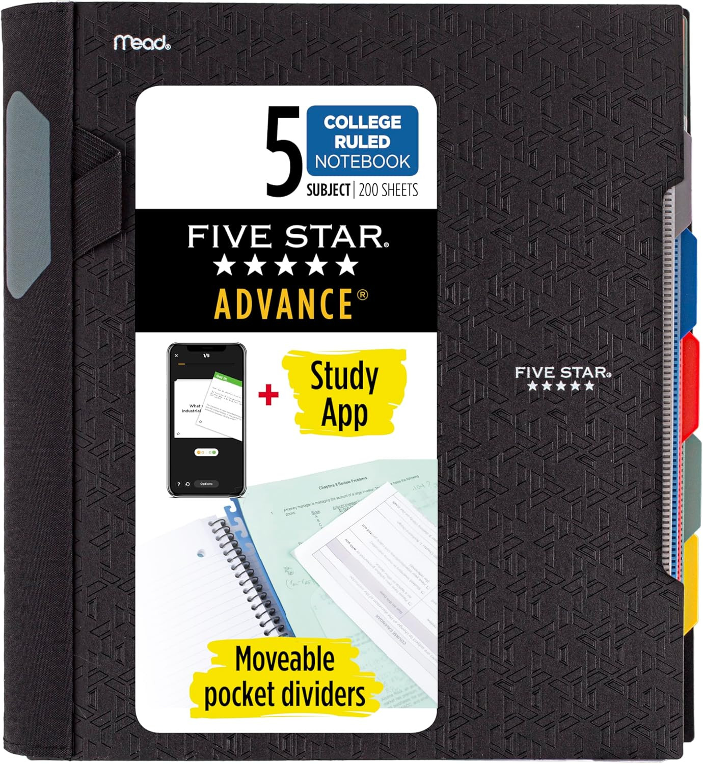 Five Star Advance Spiral Notebook 5 Subject College Ruled Paper 200 Sheets Black