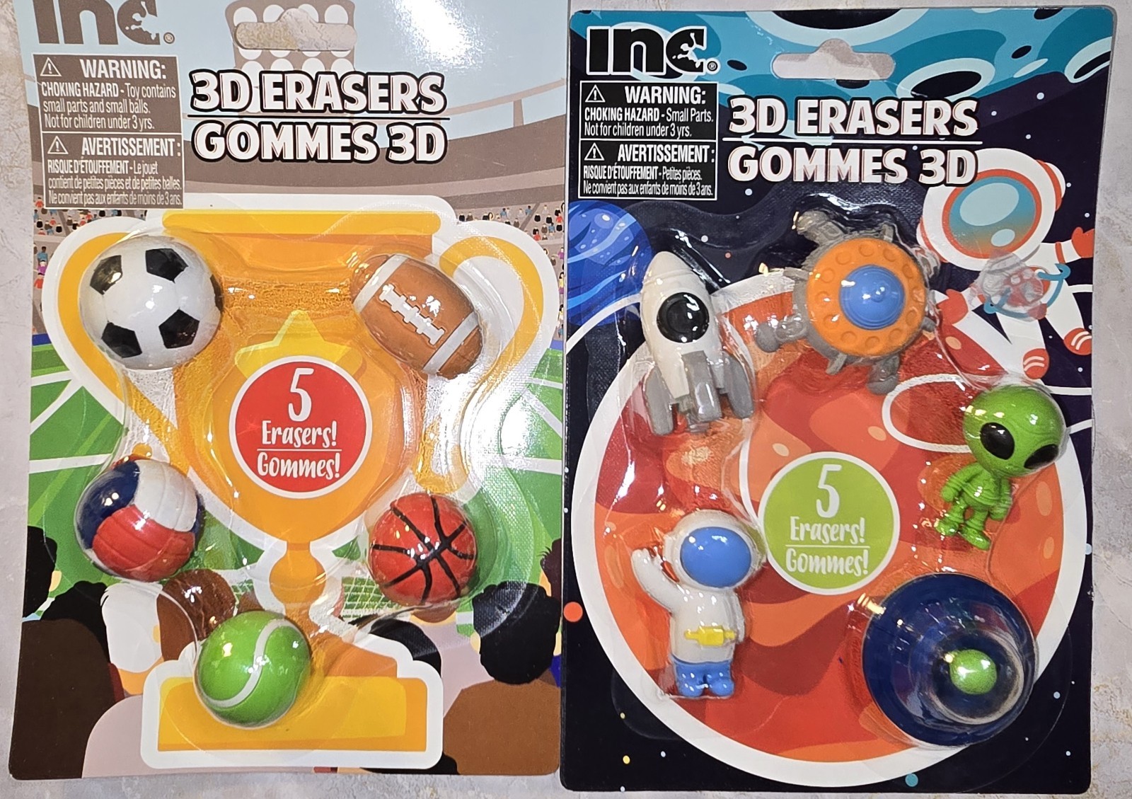 Lot of 2 INC 3D Eraser Sets Sports & Space Themes 10 Total Erasers New