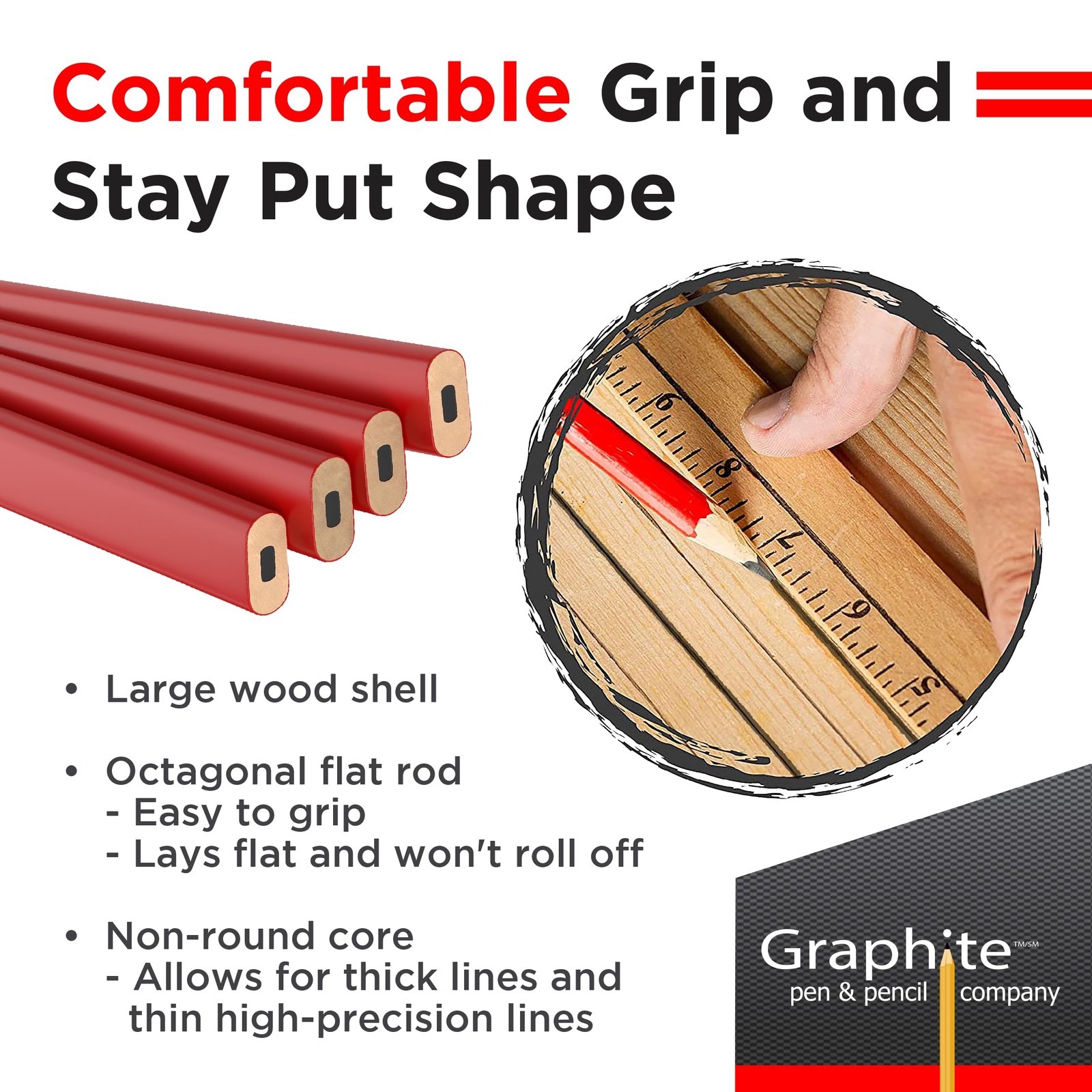 Graphite Hard Lead Carpenter – 1 Pack Of 12 Pieces Lumber Wooden Pencil