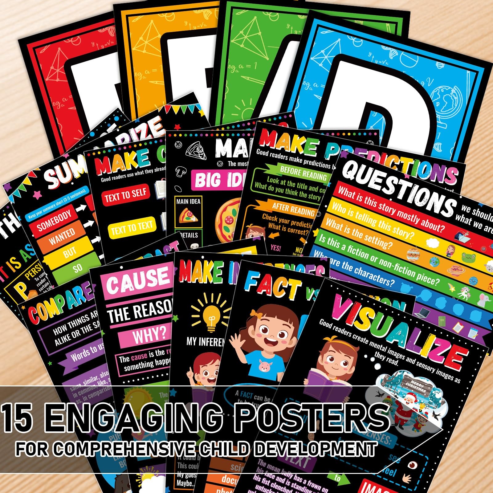15 Pcs Reading Comprehension Posters for Classroom Reading Strategies Bulleti…