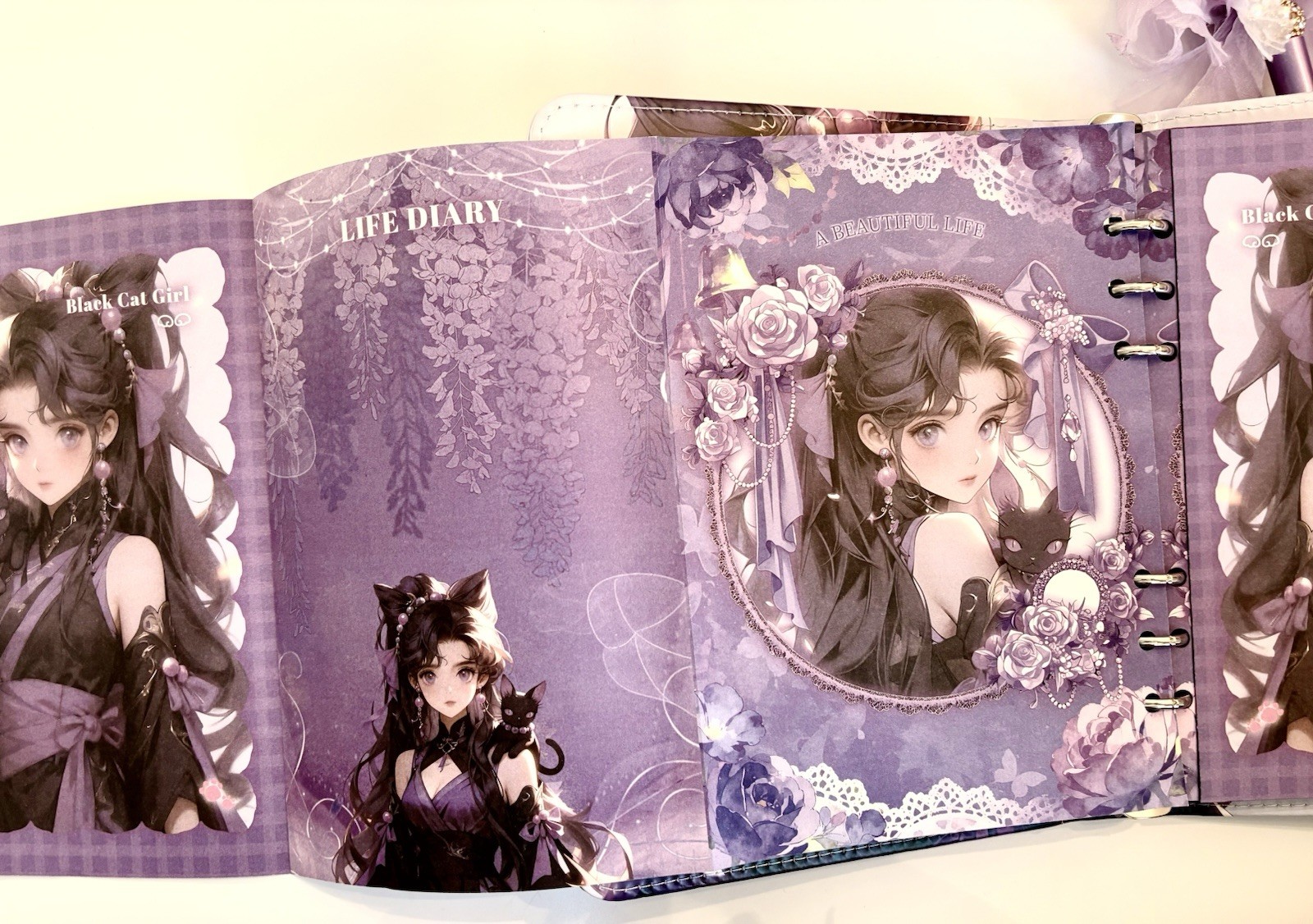 Black Cat Girl A5 Binder W/ Magnet Closure & Matching Paper And Accessories.