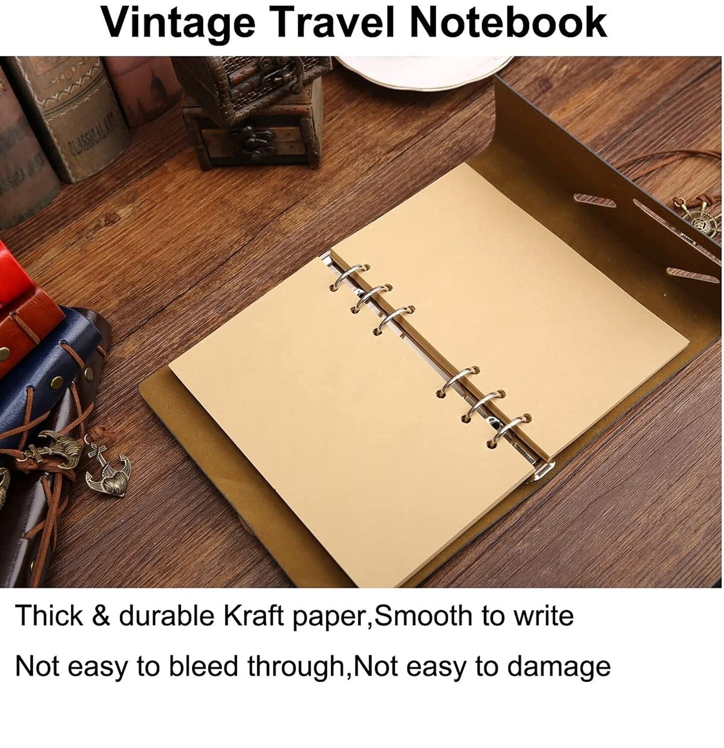 Leather Journal Notebook, Vintage Nautical Compass Spiral Blank String Daily Not