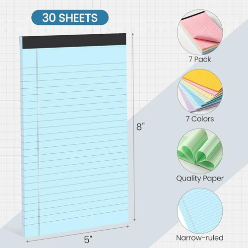 Note Pads 5×8,[7 Pack] Colorful Narrow Ruled Legal Pads,Micro Writing Pads