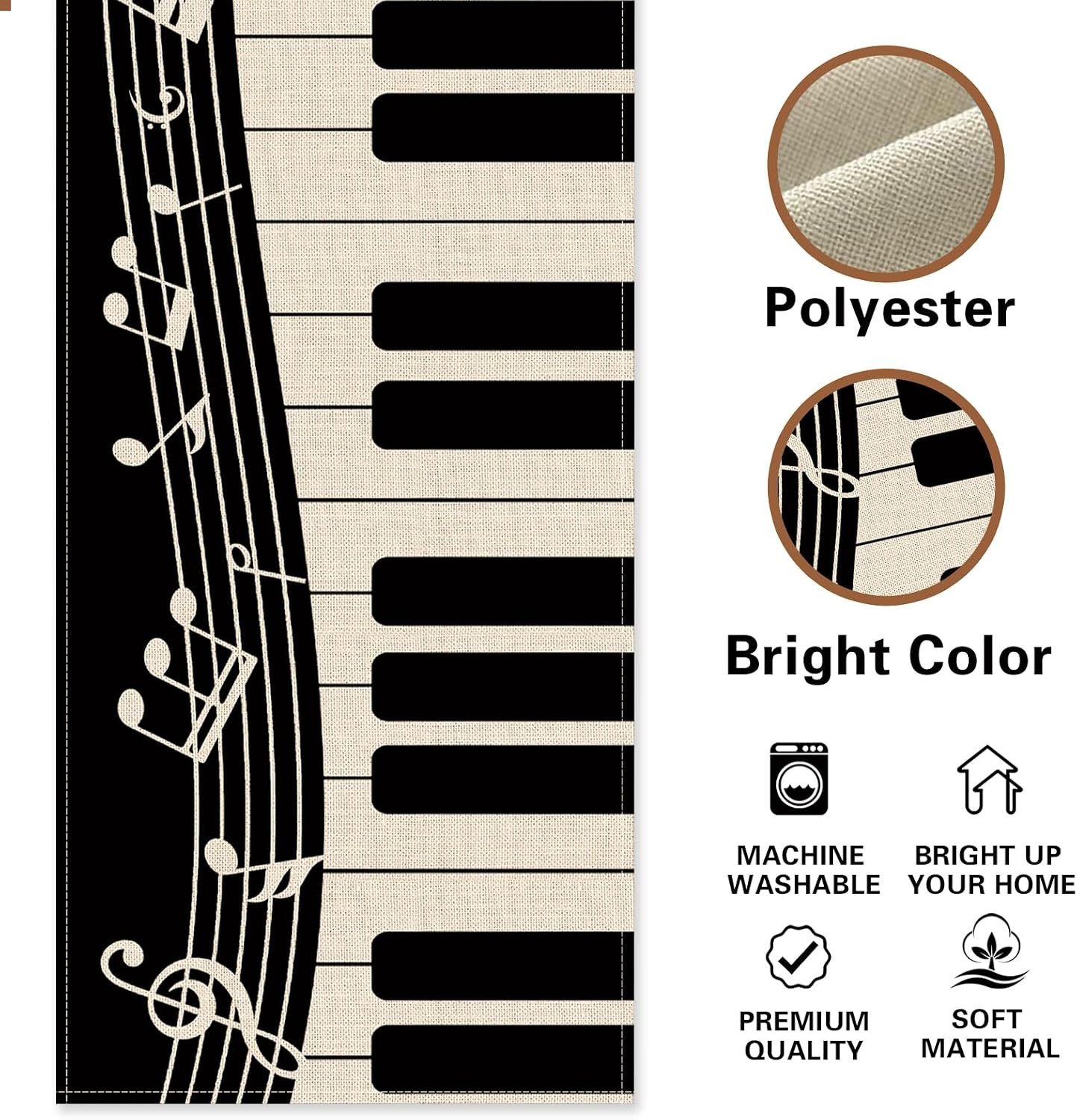 Piano Keyboard Dining Table Runner, Musical Notes Staff Burlap Kitchen Decoratio