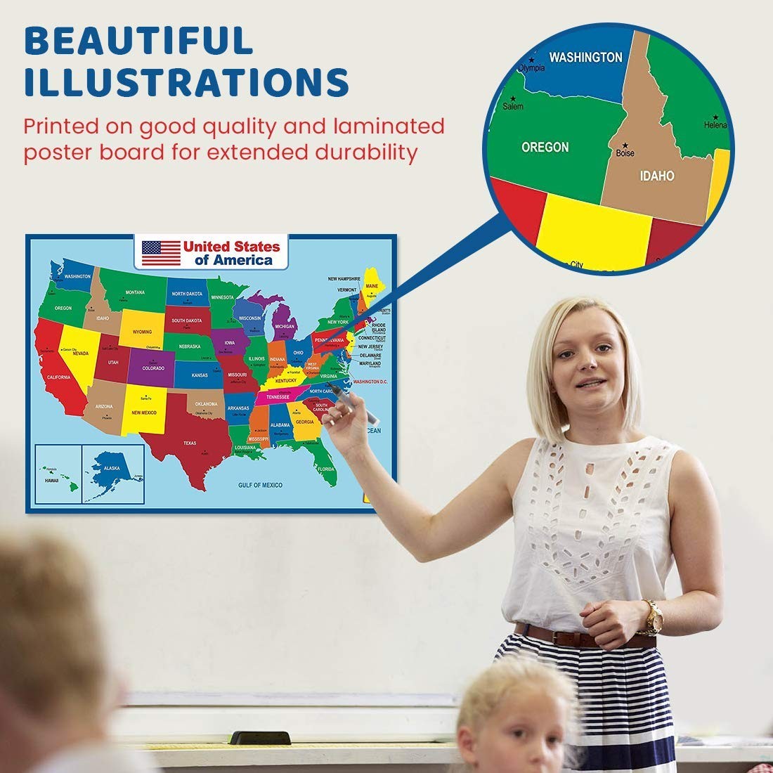 United State Map Laminated Poster -Double Side Educational Poster For Kids/Adult