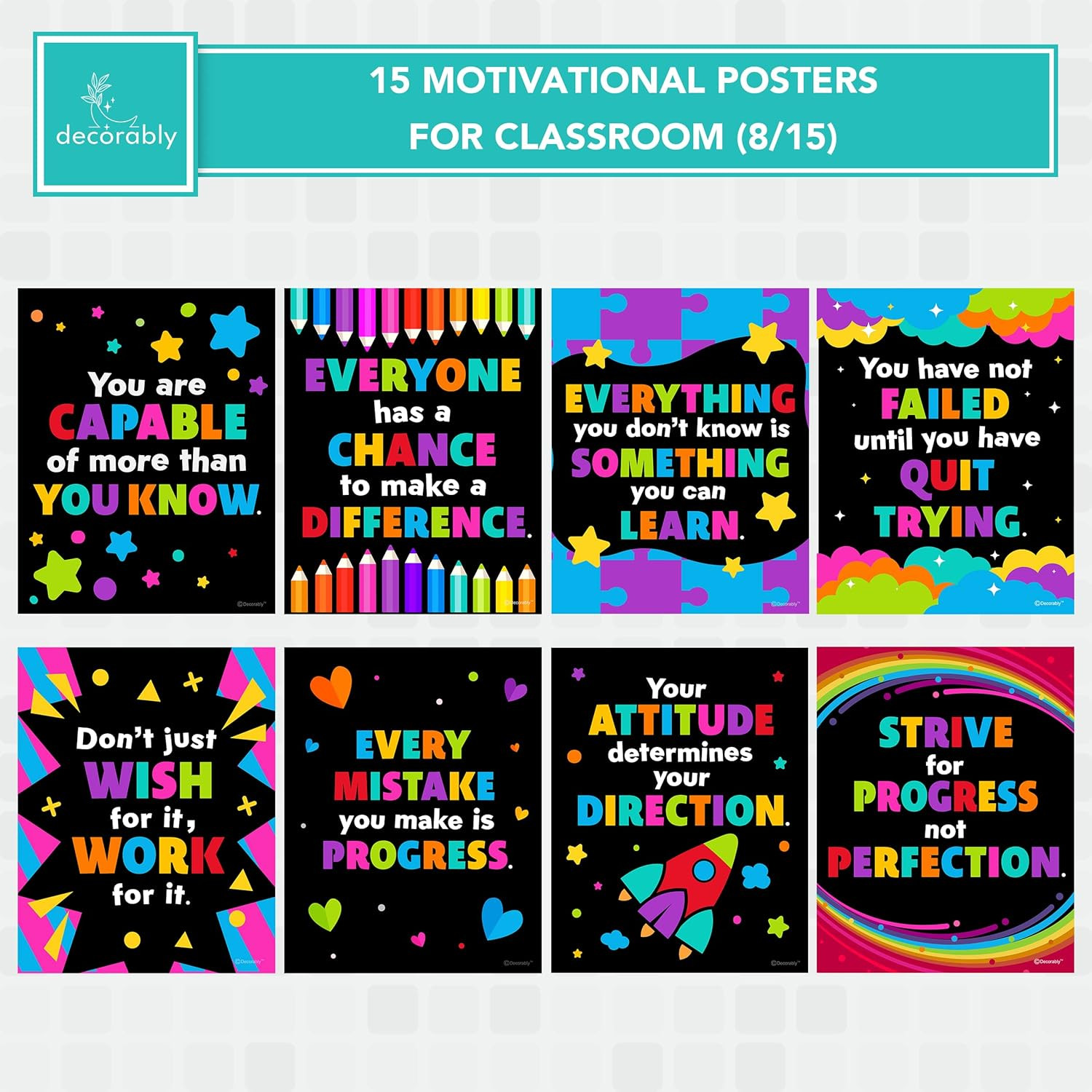 15 Chalkboard Motivational Posters for Classroom Kids, 11X14In Matte-Laminated I
