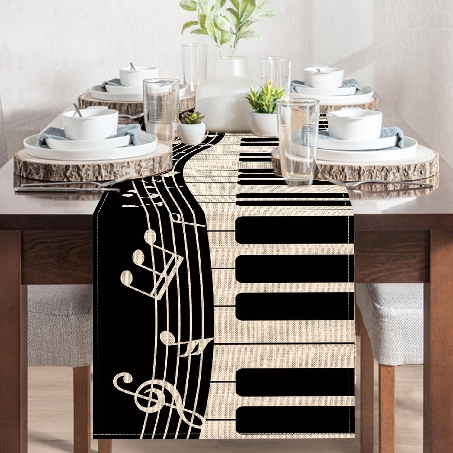 Piano Keyboard Dining Table Runner, Musical Notes Staff Burlap Kitchen Decoratio