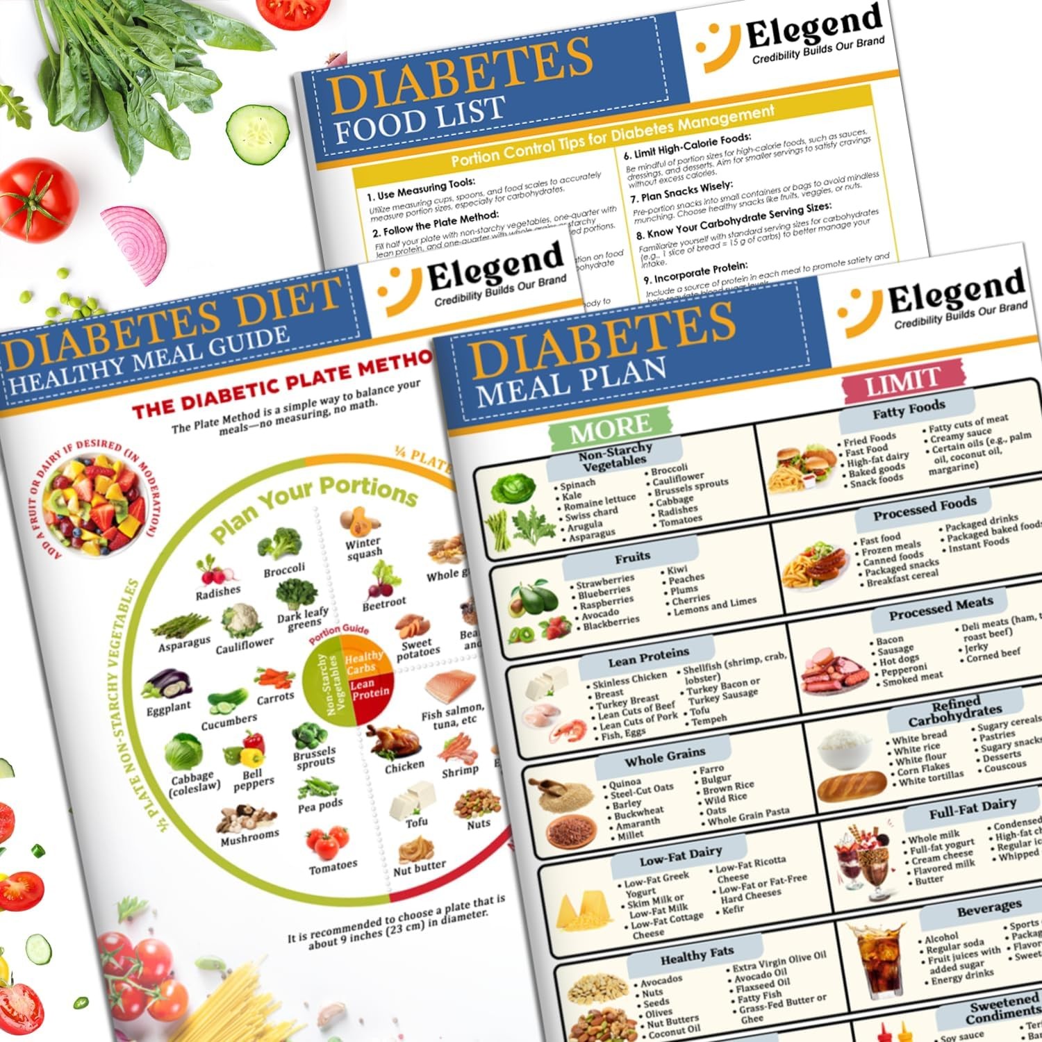 Elegend 3pcs Diabetes Food List Chart & Meal Planner for Diabetics – Type 2…