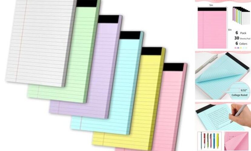 Legal Pads 5″ X 8″, 6 Pack Colored Note Pads, College Ruled Yellow Lined Paper