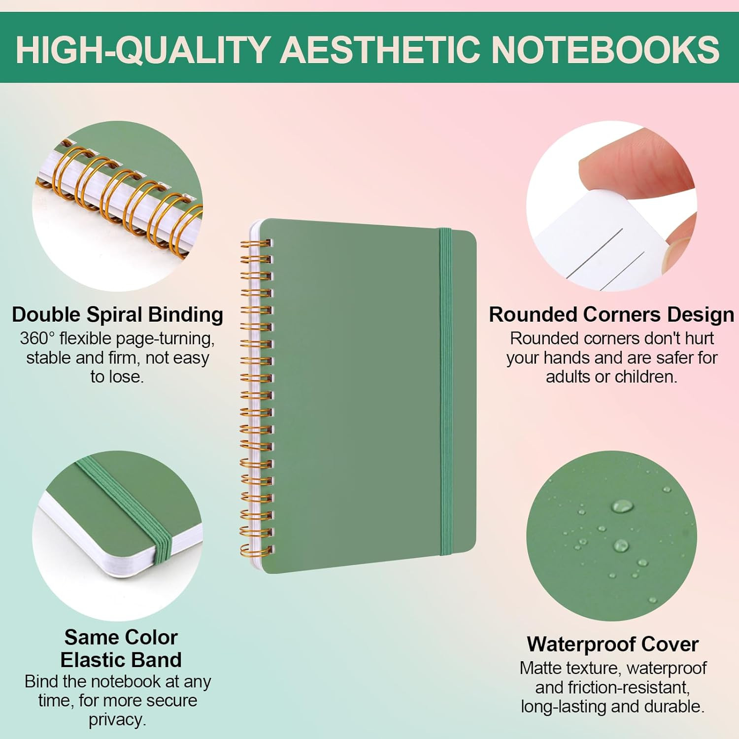3 Pack 5×7 Spiral Notebooks with Strap 70 Sheets Hardcover Journal Green
