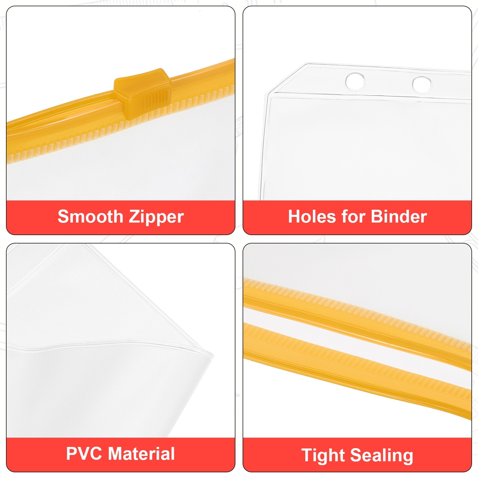 12 Pack 6 Holes A7 Binder Pocket Waterproof, Yellow Zip/Clear Pouch