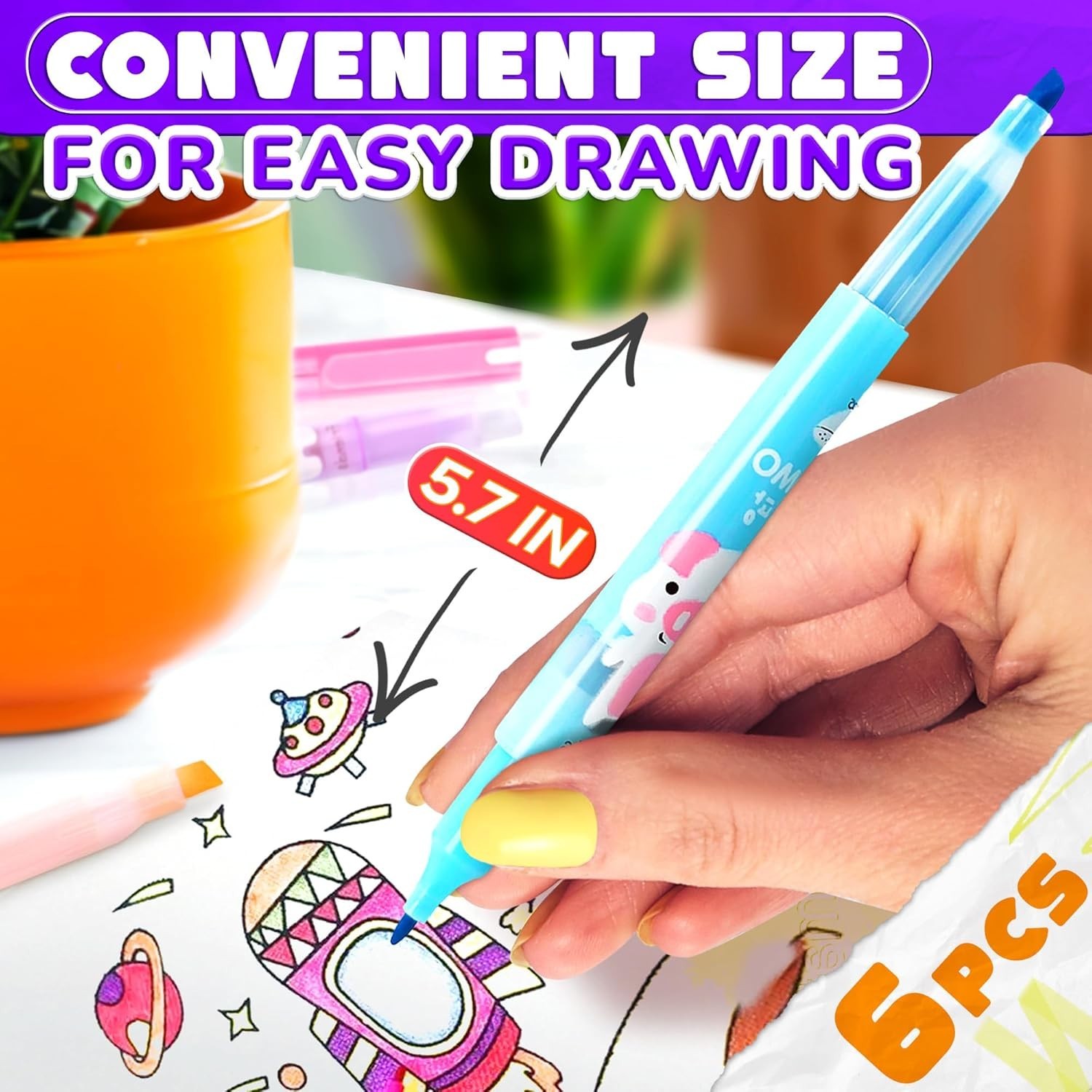 6 Pcs Kawaii Highlighters Assorted Colors Set – 5.7″ Kawaii Markers, Cute Marker