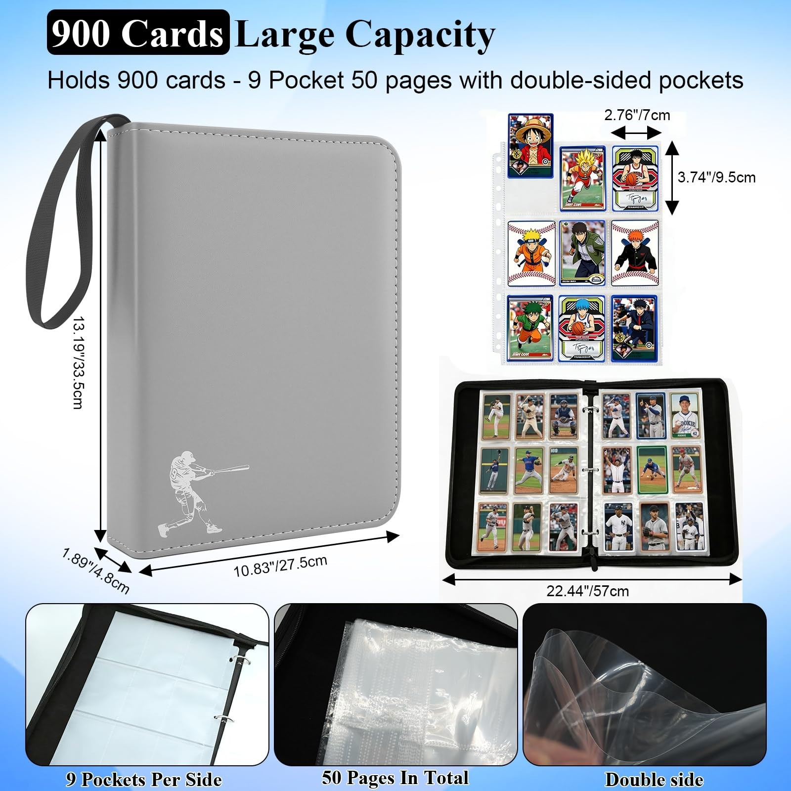 PU Leather Baseball Card Binder,Double Sided Grey Card Binder 9 Pocket Holds …