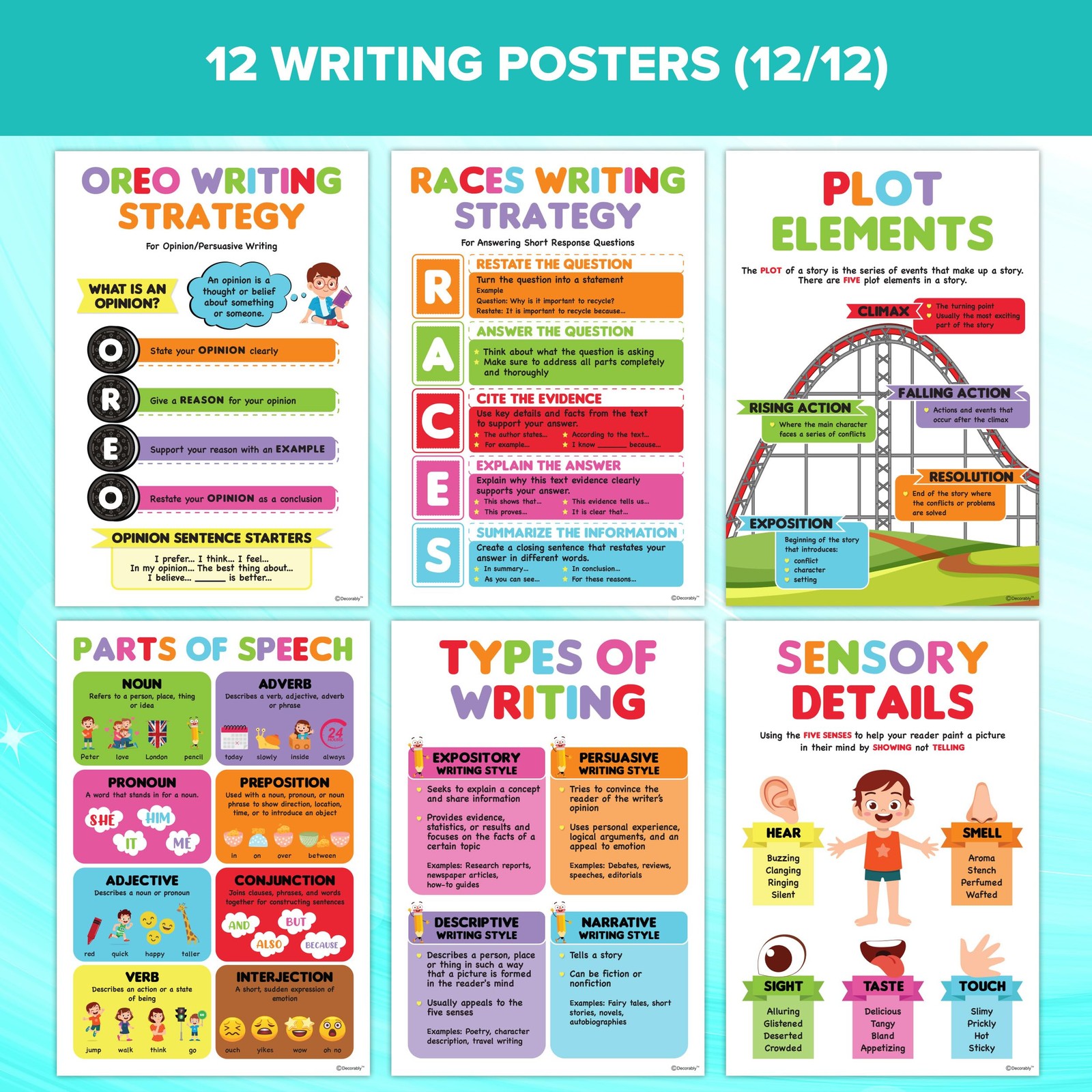 Decorably 12 Writing Posters for Classroom Middle School 11 x 16, Variation