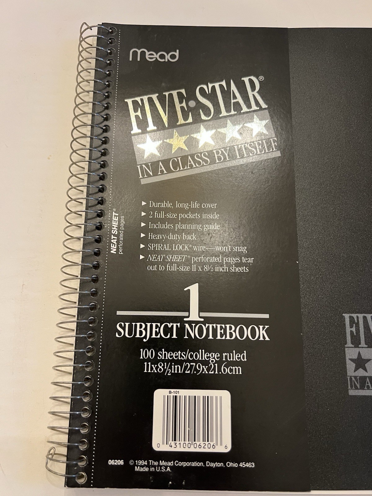 Vintage Mead Five Star 1 Subject Notebook Black Cover 1998, FREE SHIPPING