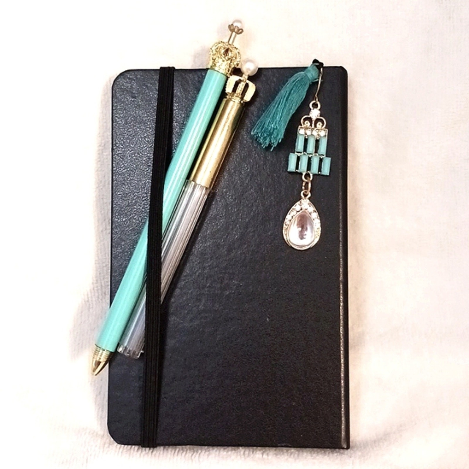 Journal Set Black Hardcover Notebook Jeweled Bookmark Pencil Duo w GIFT BOX New