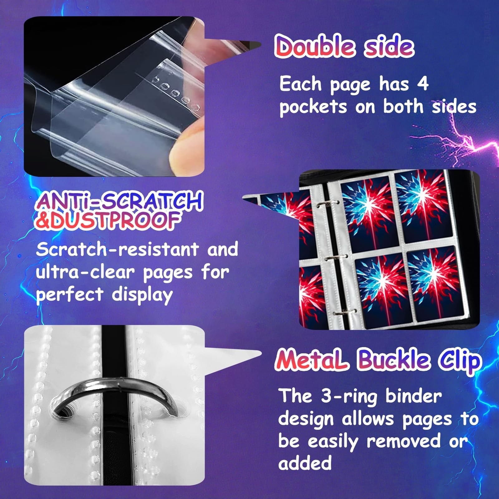 4-Pocket Trading Card Binder, 440 Pockets PU Leather Zippered Album with 55 R…