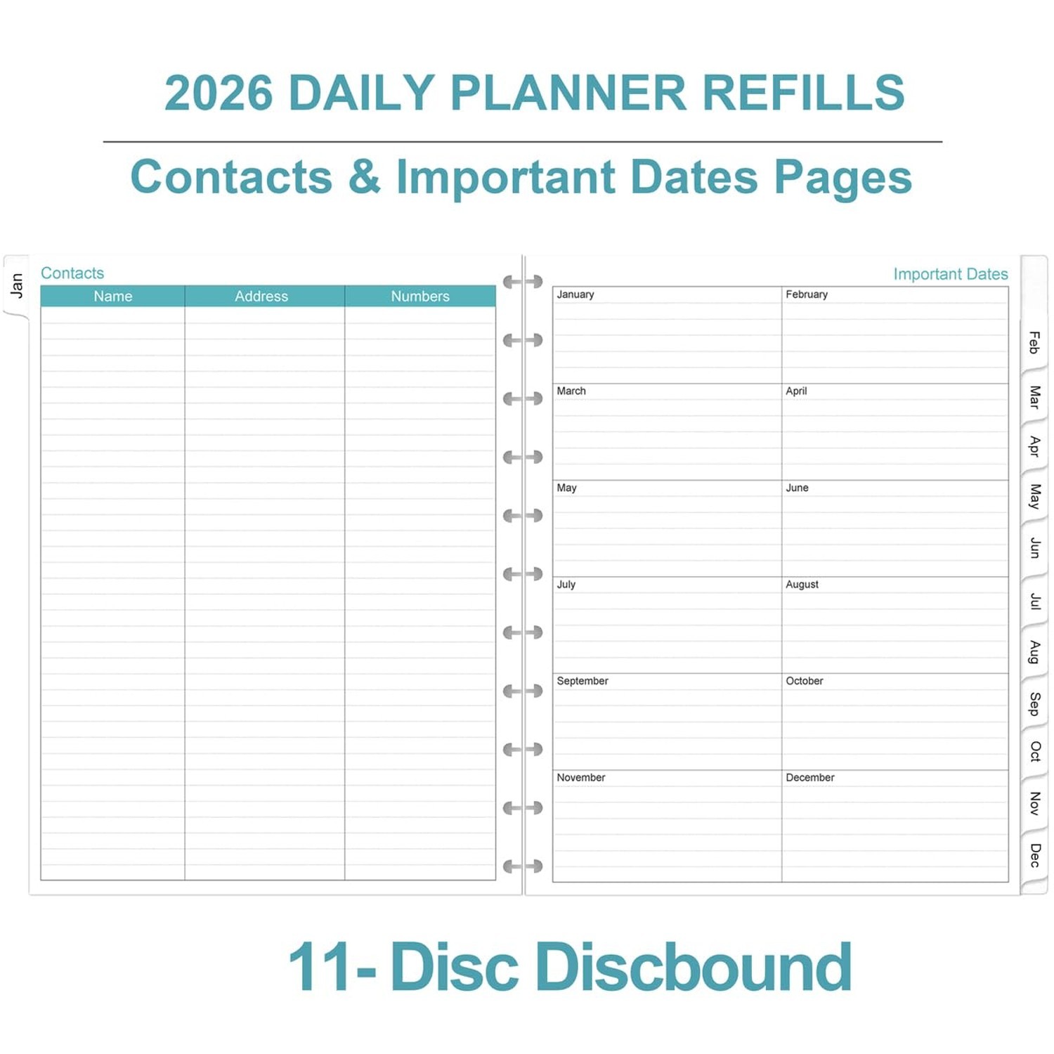 2026 Planner Refills, 11-Disc Discbound One Page Per Day, Daily ＆ Monthly
