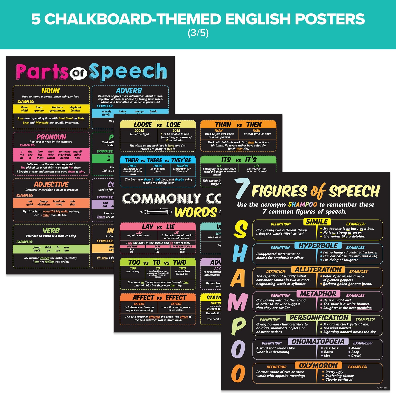 Decorably 5 Chalkboard ELA Posters for Middle 17 x 22 Inch,